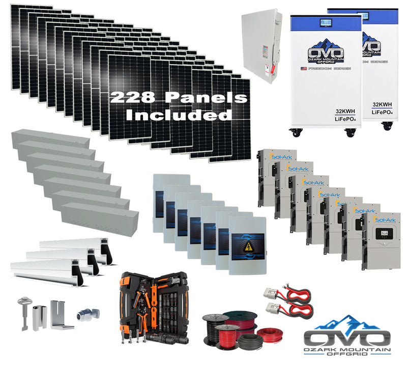 Load image into Gallery viewer, 125KW Complete Offgrid Solar Kit + 7x 15K Sol-Ark Inverter + 2x 32kWh OMO 48V Freedom Series Lithium Battery +125.4KW Solar with Roof Mount and Wiring
