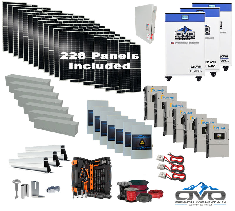 Load image into Gallery viewer, 125KW Complete Offgrid Solar Kit + 7x 15K Sol-Ark Inverter + 3x 32kWh OMO 48V Freedom Series Lithium Battery +125.4KW Solar with Roof Mount and Wiring