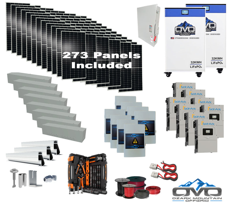 Load image into Gallery viewer, 150KW Complete Offgrid Solar Kit + 8x 15K Sol-Ark Inverter + 2x 32kWh OMO 48V Freedom Series Lithium Battery +150.15KW Solar with Roof Mount and Wiring
