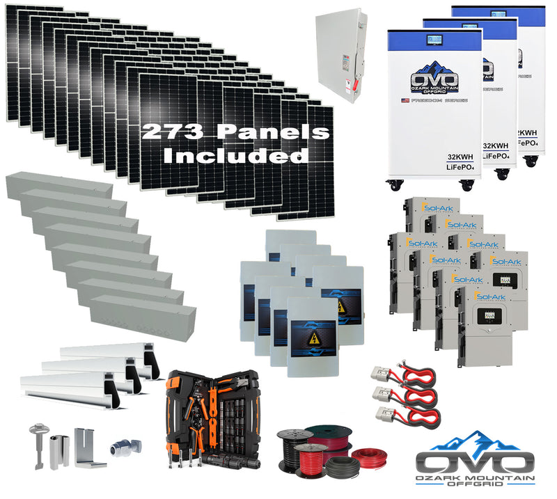 Load image into Gallery viewer, 150KW Complete Offgrid Solar Kit + 8x 15K Sol-Ark Inverter + 3x 32kWh OMO 48V Freedom Series Lithium Battery +150.15KW Solar with Roof Mount and Wiring