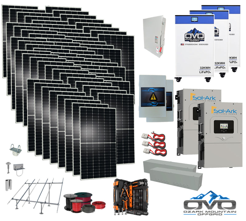 Load image into Gallery viewer, 35KW Complete Offgrid Solar Kit + 2x 15K Sol-Ark Inverter + 3x 32kWh OMO 48V Freedom Series Lithium Battery +35.2KW Solar with Ground Mount and Wiring