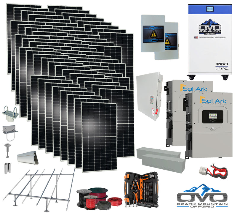 Load image into Gallery viewer, 35KW Complete Offgrid Solar Kit + 2x 15K Sol-Ark Inverter + 32kWh OMO 48V Freedom Series Lithium Battery +35.2KW Solar with Ground Mount and Wiring