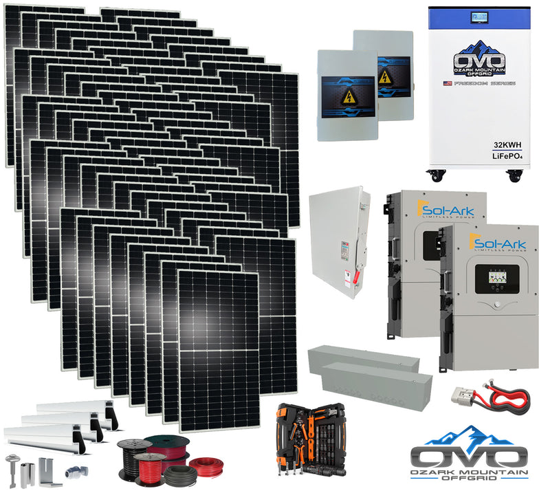 Load image into Gallery viewer, 35KW Complete Offgrid Solar Kit + 2x 15K Sol-Ark Inverter + 32kWh OMO 48V Freedom Series Lithium Battery +35.2KW Solar with Roof Mount and Wiring