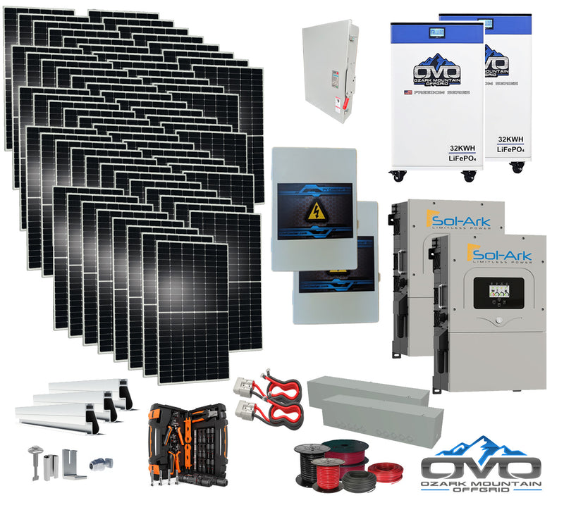 Load image into Gallery viewer, 35KW Complete Offgrid Solar Kit + 2x 15K Sol-Ark Inverter + 2x 32kWh OMO 48V Freedom Series Lithium Battery +35.2KW Solar with Roof Mount and Wiring