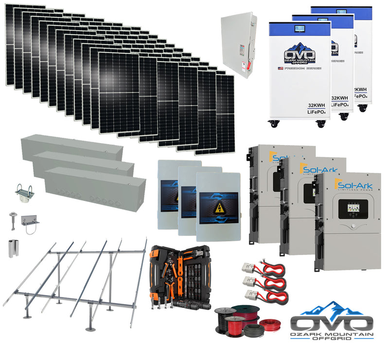 Load image into Gallery viewer, 40KW Complete Offgrid Solar Kit + 3x 15K Sol-Ark Inverter + 3x 32kWh OMO 48V Freedom Series Lithium Battery +40.15KW Solar with Ground Mount and Wiring