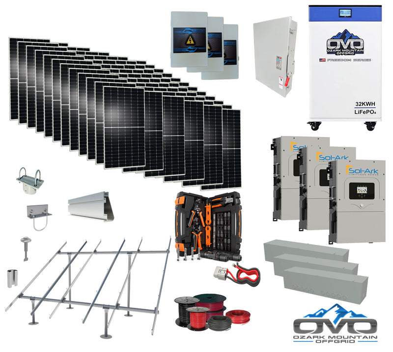 Load image into Gallery viewer, 40KW Complete Offgrid Solar Kit + 3x 15K Sol-Ark Inverter + 32kWh OMO 48V Freedom Series Lithium Battery +40.15KW Solar with Ground Mount and Wiring