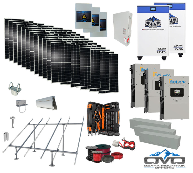 Load image into Gallery viewer, 40KW Complete Offgrid Solar Kit + 3x 15K Sol-Ark Inverter + 32kWh OMO 48V Freedom Series Lithium Battery +40.15KW Solar with Ground Mount and Wiring