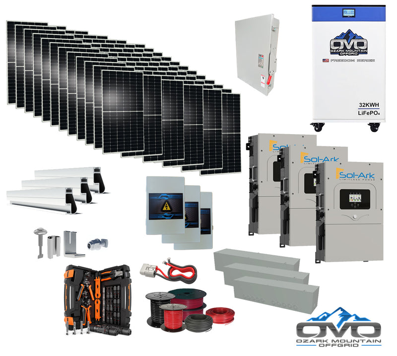 Load image into Gallery viewer, 40KW Complete Offgrid Solar Kit + 3x 15K Sol-Ark Inverter + 32kWh OMO 48V Freedom Series Lithium Battery +40.15KW Solar with Roof Mount and Wiring