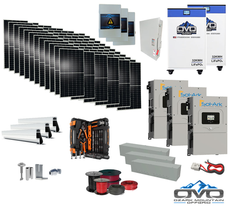 Load image into Gallery viewer, 40KW Complete Offgrid Solar Kit + 3x 15K Sol-Ark Inverter + 2x 32kWh OMO 48V Freedom Series Lithium Battery +40.15KW Solar with Roof Mount and Wiring