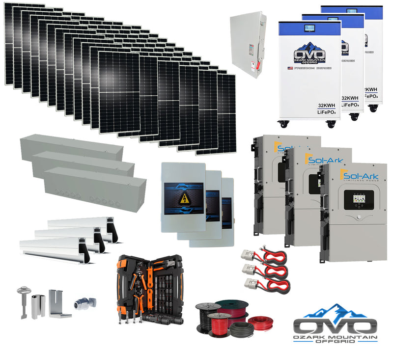 Load image into Gallery viewer, 40KW Complete Offgrid Solar Kit + 3x 15K Sol-Ark Inverter + 3x 32kWh OMO 48V Freedom Series Lithium Battery +40.15KW Solar with Roof Mount and Wiring