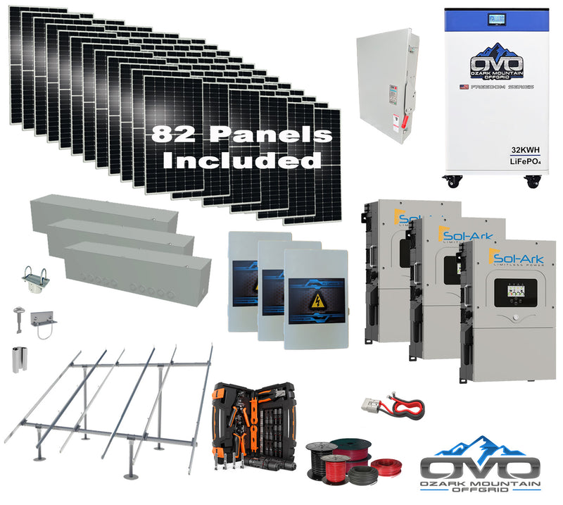 Load image into Gallery viewer, 45KW Complete Offgrid Solar Kit + 3x 15K Sol-Ark Inverter + 32kWh OMO 48V Freedom Series Lithium Battery +45.1KW Solar with Ground Mount and Wiring