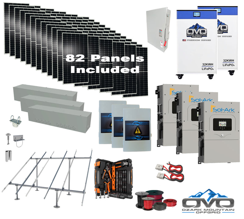 Load image into Gallery viewer, 45KW Complete Offgrid Solar Kit + 3x 15K Sol-Ark Inverter + 2x 32kWh OMO 48V Freedom Series Lithium Battery +45.1KW Solar with Ground Mount and Wiring