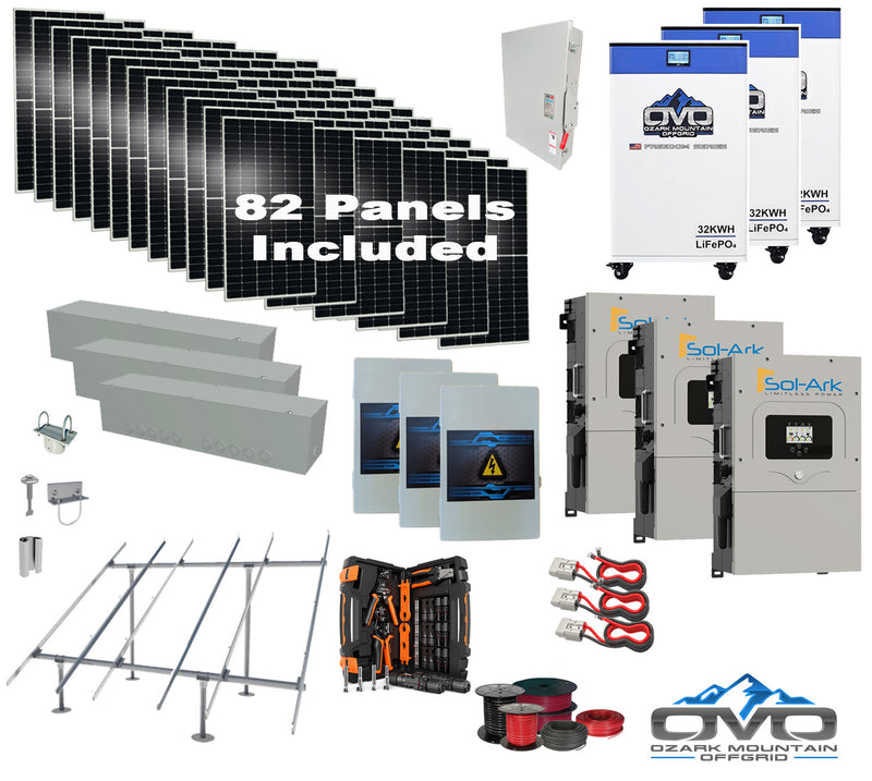 Load image into Gallery viewer, 45KW Complete Offgrid Solar Kit + 3x 15K Sol-Ark Inverter + 3x 32kWh OMO 48V Freedom Series Lithium Battery +45.1KW Solar with Ground Mount and Wiring