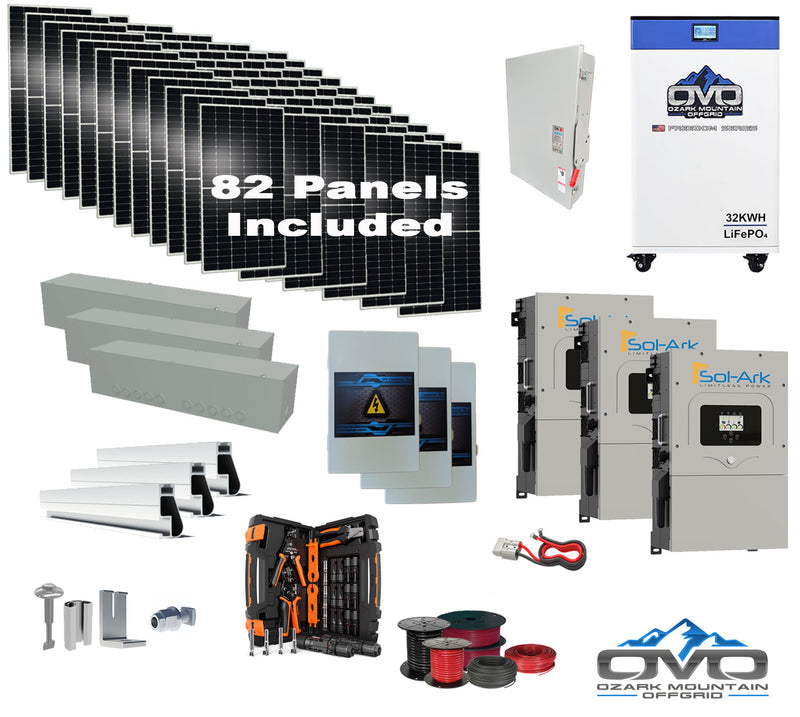 Load image into Gallery viewer, 45KW Complete Offgrid Solar Kit + 3x 15K Sol-Ark Inverter + 32kWh OMO 48V Freedom Series Lithium Battery +45.1KW Solar with Roof Mount and Wiring