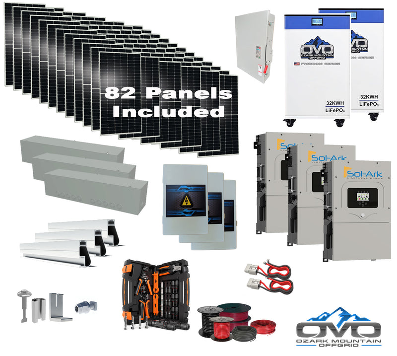 Load image into Gallery viewer, 45KW Complete Offgrid Solar Kit + 3x 15K Sol-Ark Inverter + 2x 32kWh OMO 48V Freedom Series Lithium Battery +45.1KW Solar with Roof Mount and Wiring