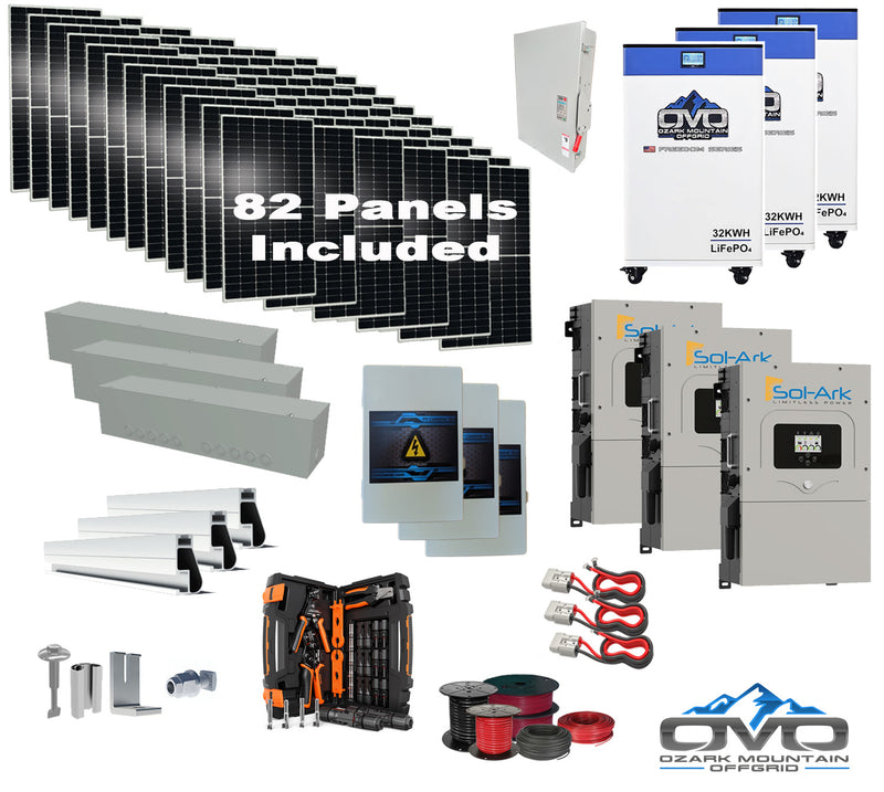 Load image into Gallery viewer, 45KW Complete Offgrid Solar Kit + 3x 15K Sol-Ark Inverter + 3x 32kWh OMO 48V Freedom Series Lithium Battery +45.1KW Solar with Roof Mount and Wiring