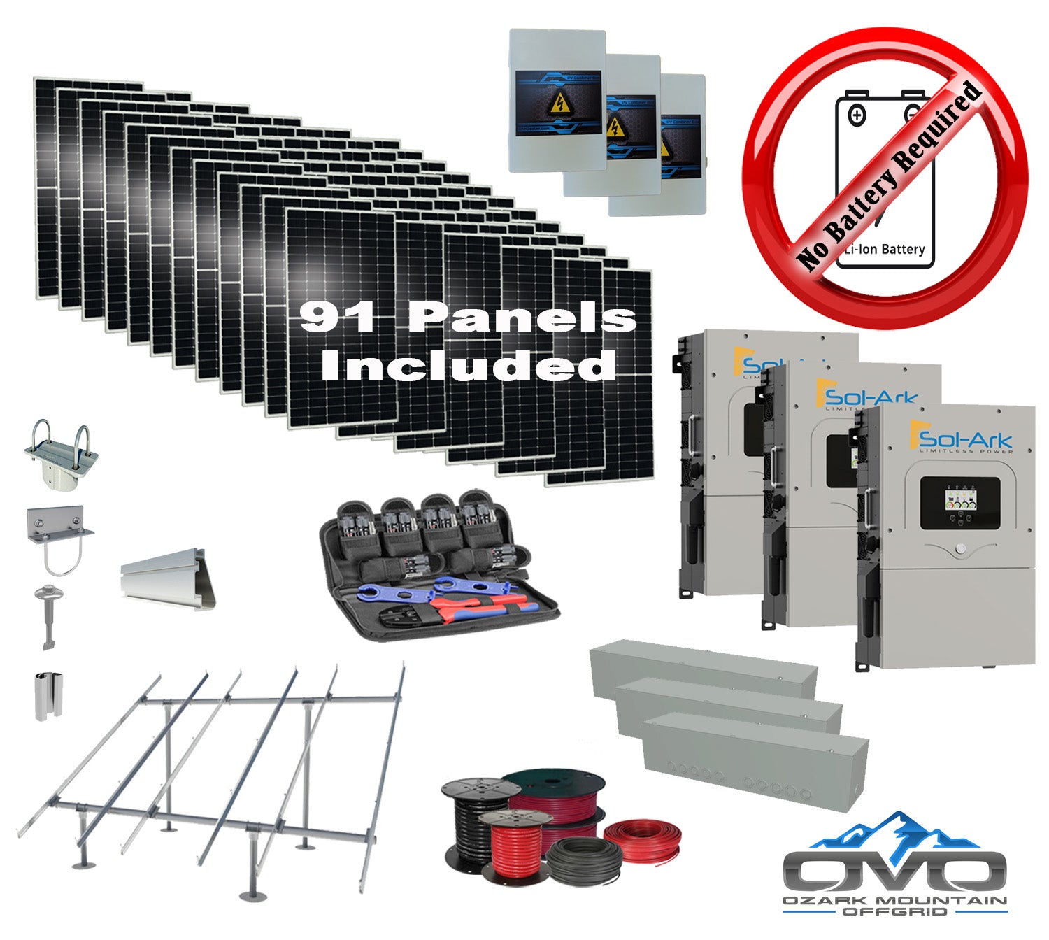 50KW Complete Offgrid Solar Kit + 3x 15K SolArk Inverter +50.05KW Sol