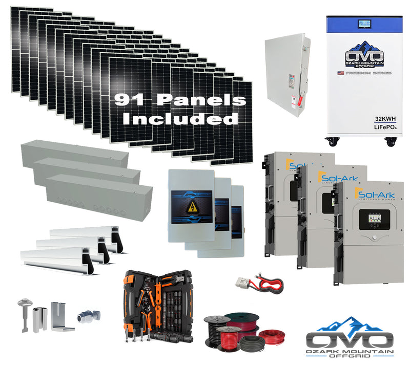 Load image into Gallery viewer, 50KW Complete Offgrid Solar Kit + 3x 15K Sol-Ark Inverter + 32kWh OMO 48V Freedom Series Lithium Battery +50.05KW Solar with Roof Mount and Wiring