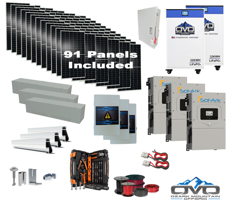 Load image into Gallery viewer, 50KW Complete Offgrid Solar Kit + 3x 15K Sol-Ark Inverter + 2x 32kWh OMO 48V Freedom Series Lithium Battery +50.05KW Solar with Roof Mount and Wiring