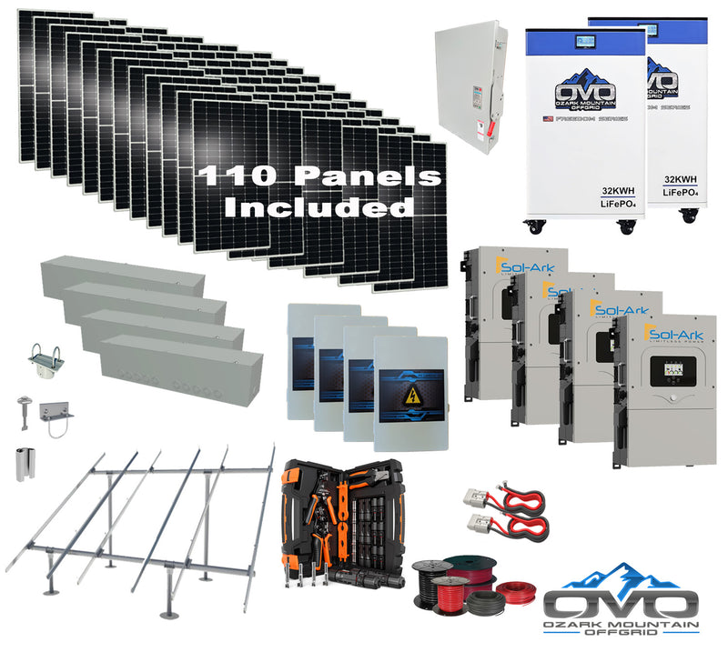 Load image into Gallery viewer, 60KW Complete Offgrid Solar Kit + 4x 15K Sol-Ark Inverter + 2x 32kWh OMO 48V Freedom Series Lithium Battery +60.5KW Solar with Ground Mount and Wiring