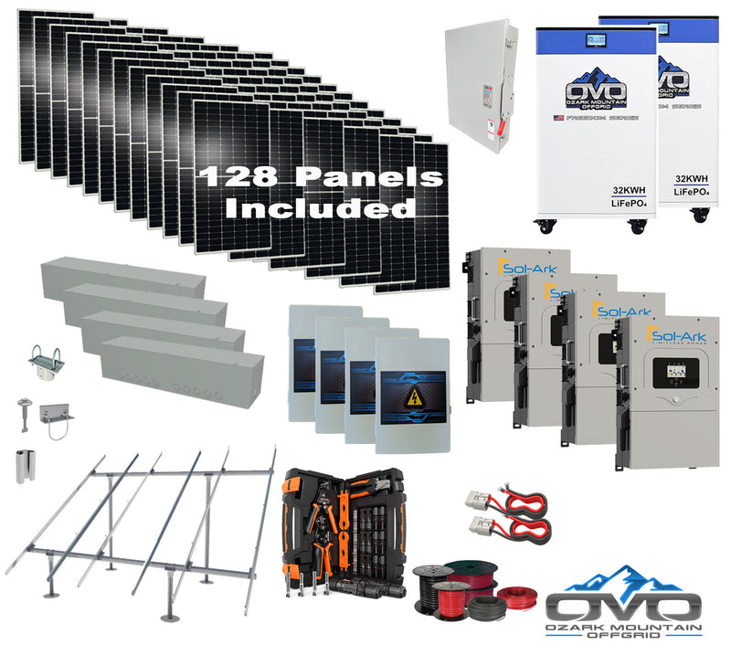 Load image into Gallery viewer, 70KW Complete Offgrid Solar Kit + 4x 15K Sol-Ark Inverter + 2x 32kWh OMO 48V Freedom Series Lithium Battery +70.4KW Solar with Ground Mount and Wiring