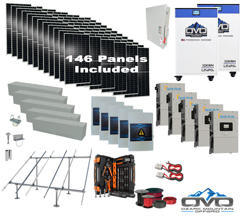 Load image into Gallery viewer, 80KW Complete Offgrid Solar Kit + 5x 15K Sol-Ark Inverter + 2x 32kWh OMO 48V Freedom Series Lithium Battery +80.3KW Solar with Ground Mount and Wiring