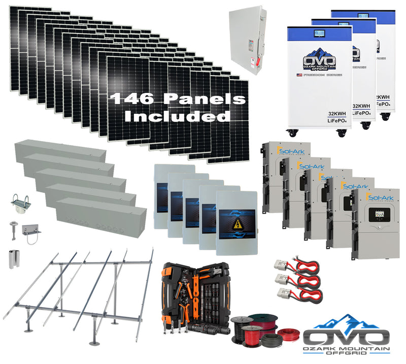 Load image into Gallery viewer, 80KW Complete Offgrid Solar Kit + 5x 15K Sol-Ark Inverter + 3x 32kWh OMO 48V Freedom Series Lithium Battery +80.3KW Solar with Ground Mount and Wiring