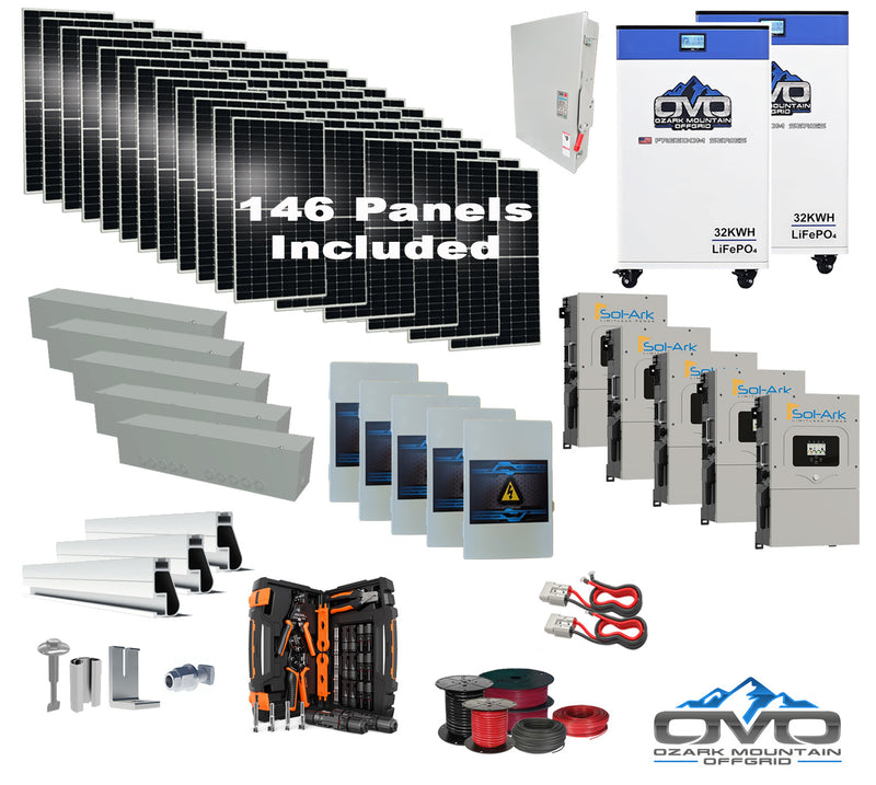 Load image into Gallery viewer, 80KW Complete Offgrid Solar Kit + 5x 15K Sol-Ark Inverter + 2x 32kWh OMO 48V Freedom Series Lithium Battery +80.3KW Solar with Roof Mount and Wiring