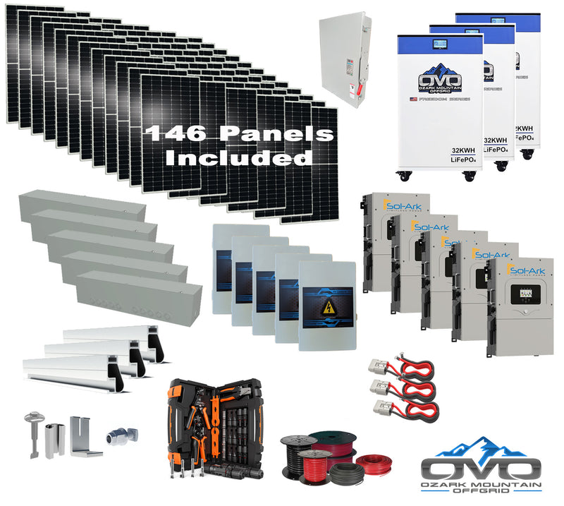 Load image into Gallery viewer, 80KW Complete Offgrid Solar Kit + 5x 15K Sol-Ark Inverter + 3x 32kWh OMO 48V Freedom Series Lithium Battery +80.3KW Solar with Roof Mount and Wiring