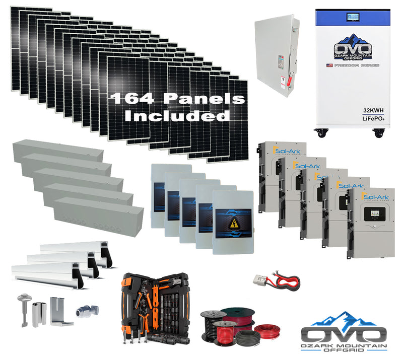Load image into Gallery viewer, 90KW Complete Offgrid Solar Kit + 5x 15K Sol-Ark Inverter + 32kWh OMO 48V Freedom Series Lithium Battery +90.2KW Solar with Roof Mount and Wiring