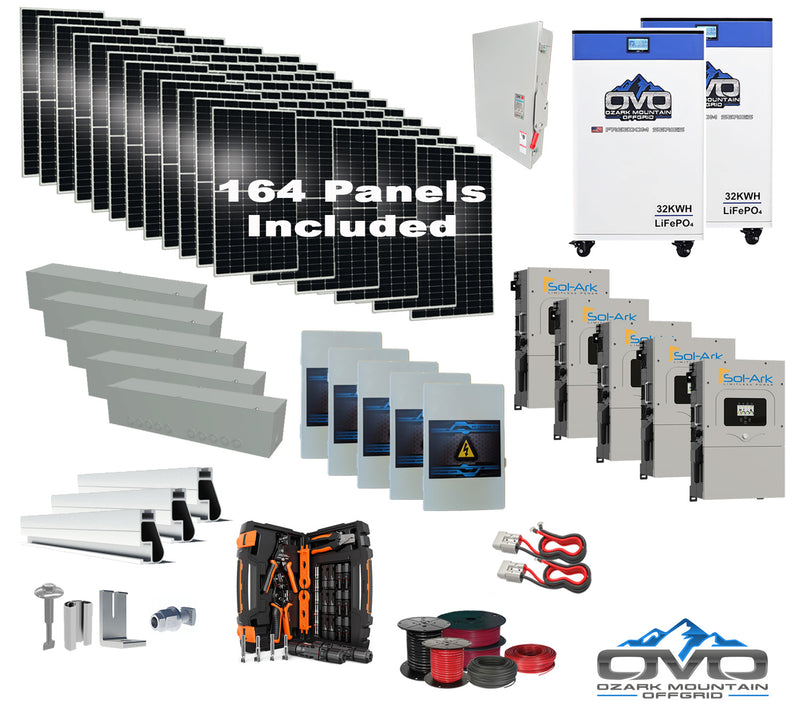 Load image into Gallery viewer, 90KW Complete Offgrid Solar Kit + 5x 15K Sol-Ark Inverter + 2x 32kWh OMO 48V Freedom Series Lithium Battery +90.2KW Solar with Roof Mount and Wiring