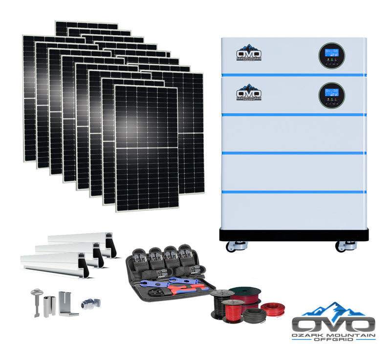 Load image into Gallery viewer, 8KW OMO All-In-One Customizable Stacking Inverter/Battery System 120/240 11000W Total Inverter Output + 15.36K Lithium Battery + 8.8KW Solar Roof Mount