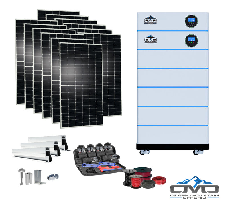 Load image into Gallery viewer, 6KW OMO All-In-One Customizable Stacking Inverter/Battery System 120/240 11000W Total Inverter Output + 25.6K Lithium Battery + 6.6KW Solar Roof Mount