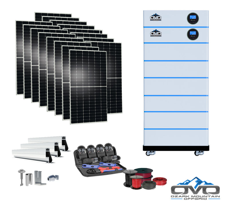 Load image into Gallery viewer, 8KW OMO All-In-One Customizable Stacking Inverter/Battery System 120/240 11000W Total Inverter Output + 30.72K Lithium Battery + 8.8KW Solar Roof Mount