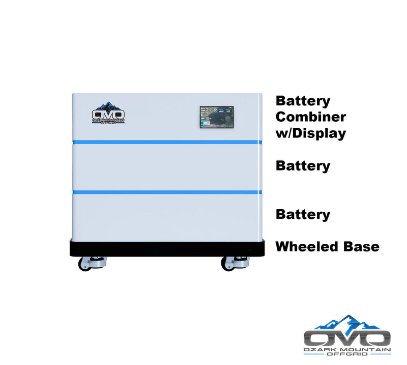 Load image into Gallery viewer, OMO Stackable 51.2V 10.24KW Heated LifePO4 Lithium Battery System - 2x 5.12KW Batteries + LCD Display Combiner + Wheeled Base