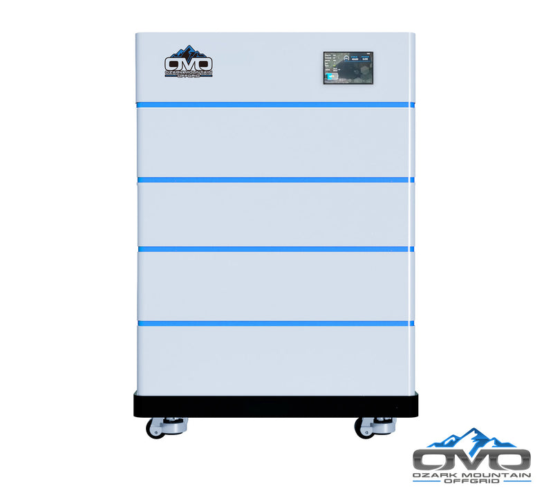 Load image into Gallery viewer, OMO Stackable 51.2V 20.48KW Heated LifePO4 Lithium Battery System - 4x 5.12KW Batteries + LCD Display Combiner + Wheeled Base