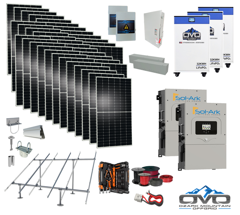 Load image into Gallery viewer, 20KW Complete Offgrid Solar Kit - 3x 32kWh OMO 48V Freedom Series Lithium Battery + 2x 15K Sol-Ark Inverter +19.8KW Solar with Ground Mount and Wiring
