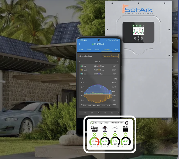 Picture of Sol-Ark Solar Inverter, Sol-Ark phone app in front of residential home with solar panels