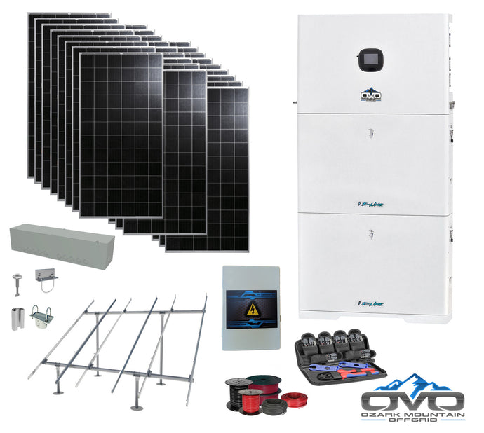 9.88KW Offgrid Solar Kit - 10K OMO E-Line 120V/240V Inverter + 2x 10.24KW OMO E-Line Lithium Battery + 9880 Watts Solar + Ground Mount and Wiring