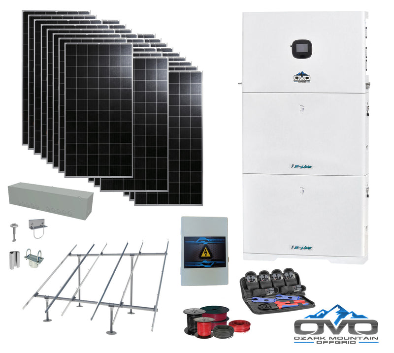 Load image into Gallery viewer, 9.88KW Offgrid Solar Kit - 10K OMO E-Line 120V/240V Inverter + 2x 10.24KW OMO E-Line Lithium Battery + 9880 Watts Solar + Ground Mount and Wiring
