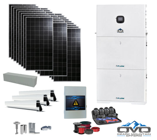 9.88KW Offgrid Solar Kit - 10K OMO E-Line 120V/240V Inverter + 2x 10.24KW OMO E-Line Lithium Battery + 9880 Watts Solar + Roof Mount and Wiring