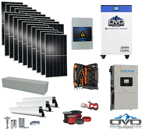 10KW Complete Offgrid Solar Kit + 15K Sol-Ark Inverter + 32kWh OMO 48V Freedom Series Lithium Battery + 11KW Solar with Roof Mount Rails and Wiring