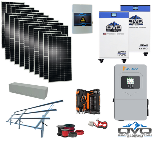 10KW Complete Offgrid Solar Kit + 12K Sol-Ark Inverter + 2x 32kWh OMO 48V Freedom Series Lithium Battery + 11KW Solar with Sinclair Ground Mount and Wiring