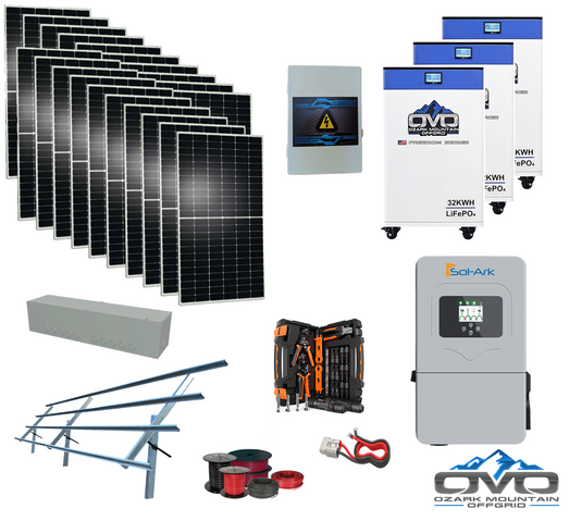 10KW Complete Offgrid Solar Kit + 12K Sol-Ark Inverter + 3x 32kWh OMO 48V Freedom Series Lithium Battery + 11KW Solar with Sinclair Ground Mount and Wiring