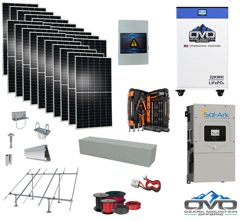 10KW Complete Offgrid Solar Kit + 15K Sol-Ark Inverter + 32kWh OMO 48V Freedom Series Lithium Battery + 11KW Solar with Ground Mount Rails and Wiring