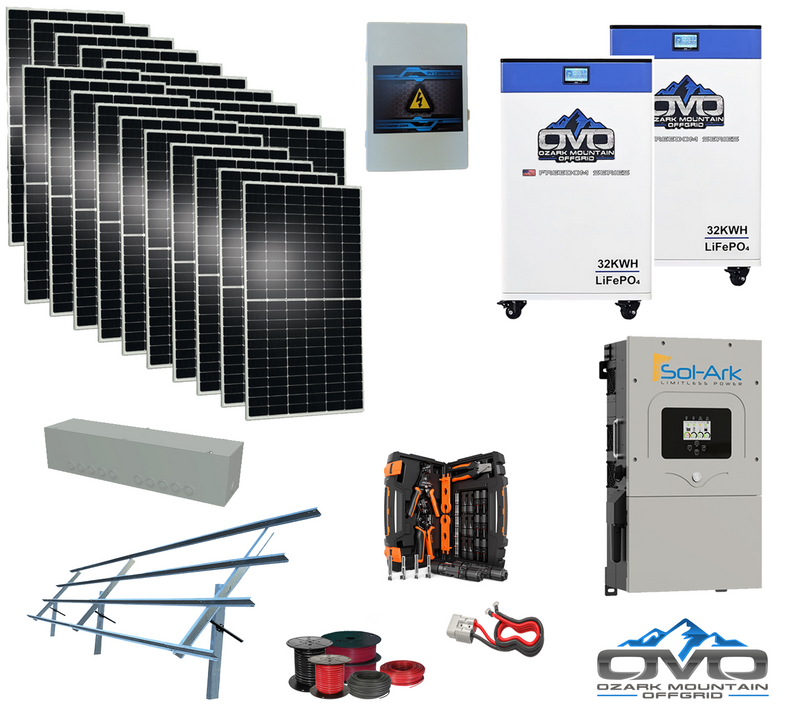 Load image into Gallery viewer, 10KW Complete Offgrid Solar Kit + 18K Sol-Ark Inverter + 2x 32kWh OMO 48V Freedom Series Lithium Battery + 11KW Solar with Sinclair Ground Mount and Wiring
