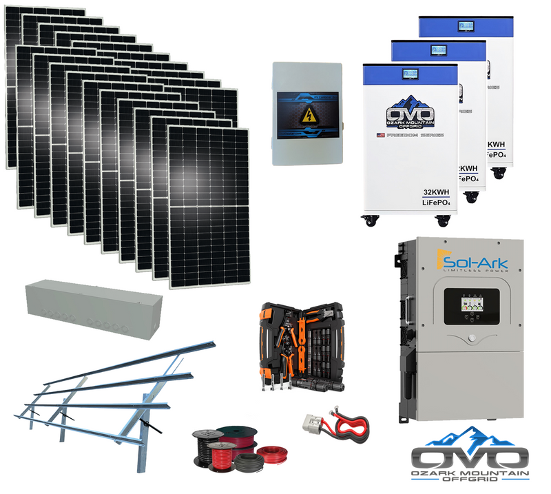 Load image into Gallery viewer, 10KW Complete Offgrid Solar Kit + 18K Sol-Ark Inverter + 3x 32kWh OMO 48V Freedom Series Lithium Battery + 11KW Solar with Sinclair Ground Mount and Wiring
