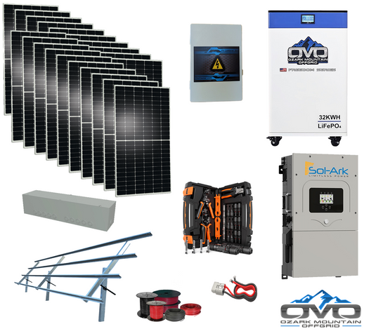10KW Complete Offgrid Solar Kit + 18K Sol-Ark Inverter + 32kWh OMO 48V Freedom Series Lithium Battery + 11KW Solar with Sinclair Ground Mount and Wiring