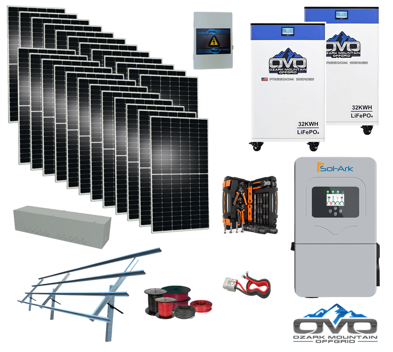 Load image into Gallery viewer, 12KW Complete Offgrid Solar Kit - 2x 32kWh OMO 48V Freedom Series Lithium Battery + 12K Sol-Ark Inverter +13.2KW Solar with Sinclair Ground Mount Rails and Wiring
