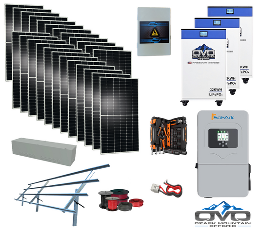 12KW Complete Offgrid Solar Kit - 3x 32kWh OMO 48V Freedom Series Lithium Battery + 12K Sol-Ark Inverter +13.2KW Solar with Sinclair Ground Mount Rails and Wiring